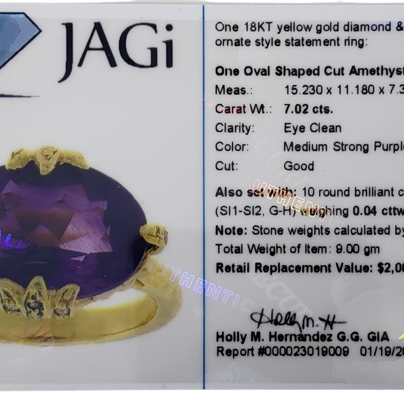 Vintage 18 Karat Yellow Gold Amethyst and Diamond Ring Size 7  JAGi Cert. #13751 - Picture 10 of 10